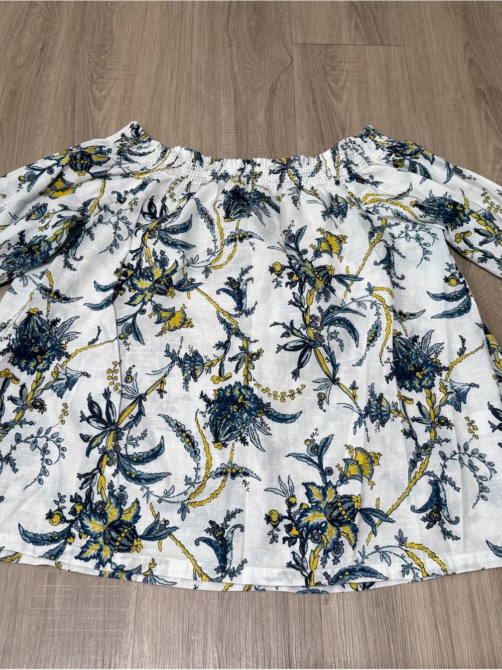 LOFT Floral Off Shoulder Blouse XL Smocked Tie Sleeve Boho Top
